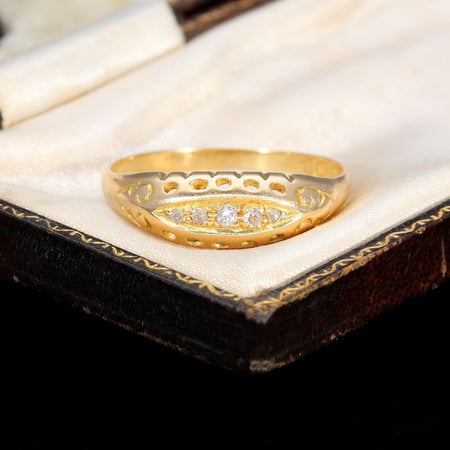 Front view of Victorian five-stone old cut diamond boat ring in 18ct gold