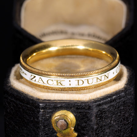 White enamel band inscribed "Zack : Dunn" in gold lettering, Georgian mourning ring
