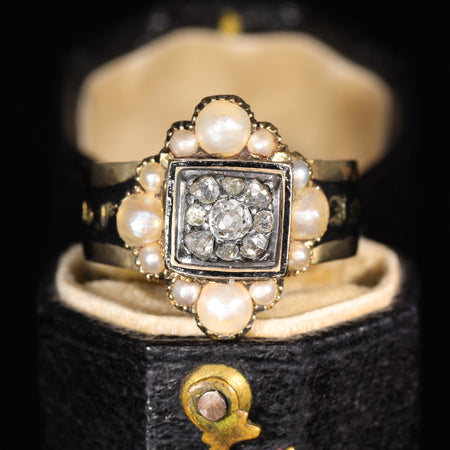 Front view of Georgian diamond and pearl mourning ring with square cluster head