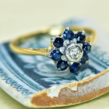 The Vintage 1968 Brilliant Cut Sapphire and Diamond Flower Ring - Antique Jewellers