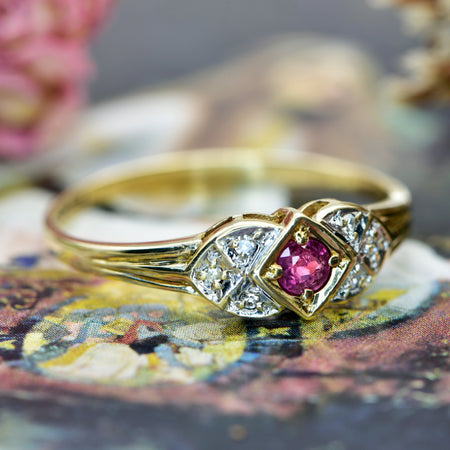 The Vintage 1988 9ct Ruby and Single Cut Diamond Ring - Antique Jewellers