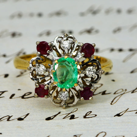 The Vintage Emerald, Ruby and Diamond Hearts Ring - Antique Jewellers