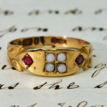 The Victorian 1892 Four Pearl and Ruby Ring - Antique Jewellers