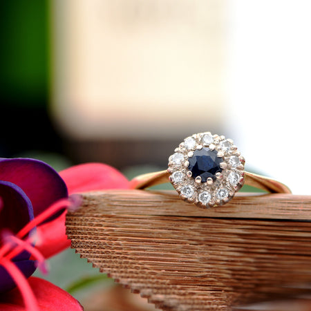 Diamond And Sapphire Cluster Ring, Contemporary 20+, 18 Carat Gold, 0.17ct, R - Antique Jewellers