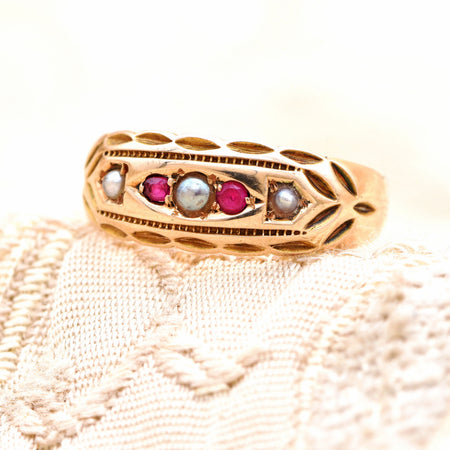 The Antique Victorian 1888 Ruby & Pearl Ring - Antique Jewellers