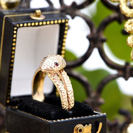 The Vintage Gold 1968 Garnet Eyed Snake Ring - Antique Jewellers