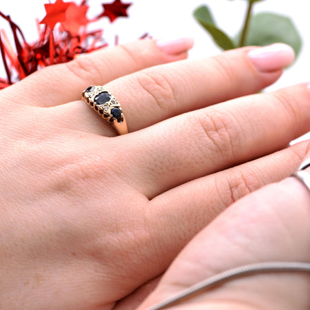 The 1976 Dark Sapphire Trio and Diamond Vintage Ring - Antique Jewellers
