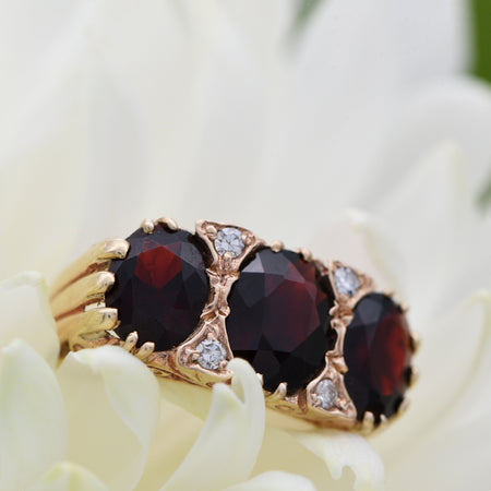 The 1973 Garnet & Diamond Scrolled Top Vintage Ring - Antique Jewellers