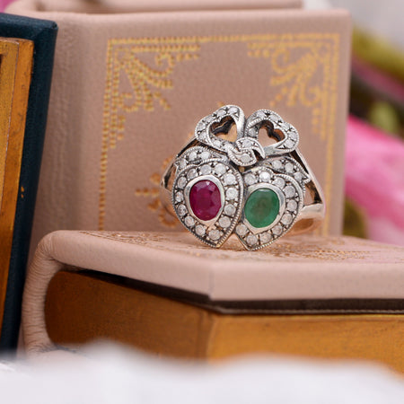 The Vintage Victorian Style Ruby and Emerald Heart and Bow Diamond Ring - Antique Jewellers