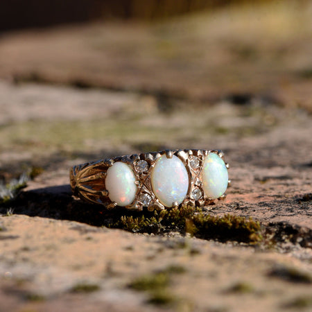 The 1973 Vintage White Opal Trilogy and Diamond Gold Ring - Antique Jewellers
