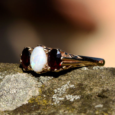 The Vintage Opal And Garnet Openwork Scroll Gold Ring - Antique Jewellers