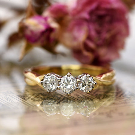 The Vintage Twisted Terminal Three Stone Diamond Gold Ring - Antique Jewellers