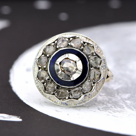 The Antique Rose Cut and Blue Enamel Ring - Antique Jewellers
