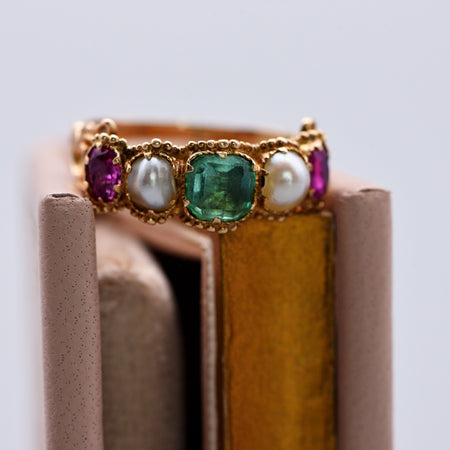 The Antique Georgian Emerald, Ruby & Pearl Ring - Antique Jewellers