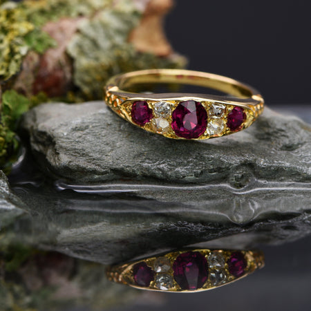 The Antique Thee Ruby and Four Diamond Ring - Antique Jewellers