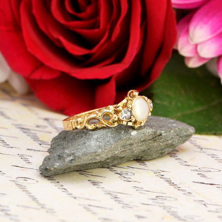The Antique Victorian 1862 Pearl & Rose Cut Ornate Diamond Ring - Antique Jewellers