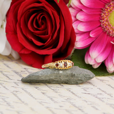 The Antique 1915 Three Garnet & Two Diamond Ring - Antique Jewellers