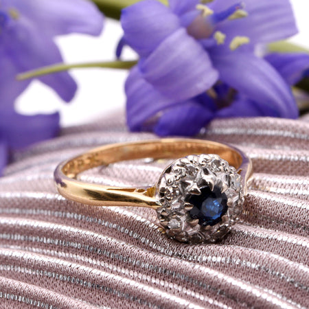 Sapphire and Diamond Cluster Engagement Ring, Antique Art Deco (1917), 18ct Gold, L½ - Antique Jewellers
