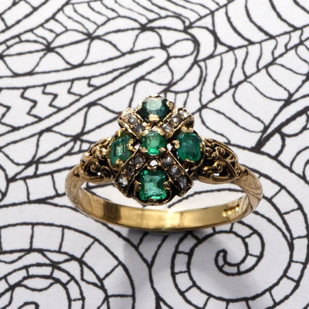 The Victorian 1880 Ornate Emerald and Diamond Cross Engagement Ring - Antique Jewellers