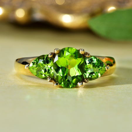 The Contemporary Three Stone Peridot Lucky Green Ring - Antique Jewellers