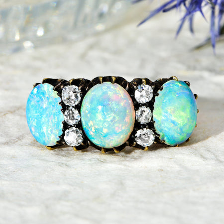 The Antique Victorian Opal and Old European Cut Diamond Ring - Antique Jewellers
