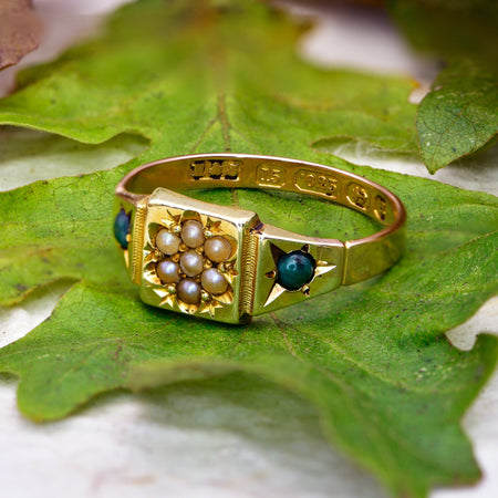 The Antique Victorian Square Pearl and Turquoise Ring - Antique Jewellers