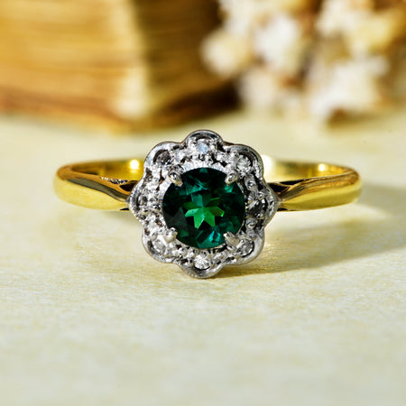 The Vintage Green Gemstone and Diamond Daisy Ring - Antique Jewellers