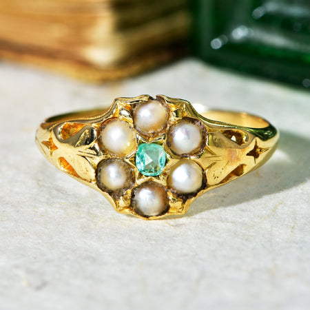 The Antique Victorian Era Emerald and Pearl Floral Ring - Antique Jewellers