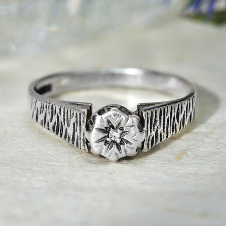 The Vintage 1982 Single Cut Diamond Textured Silver Ring - Antique Jewellers