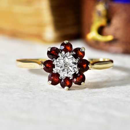 The Vintage 1991 Garnet and Diamond Flower Ring - Antique Jewellers