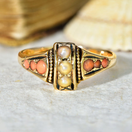 The Antique 1873 Victorian Coral and Pearl Oceanic Ring - Antique Jewellers