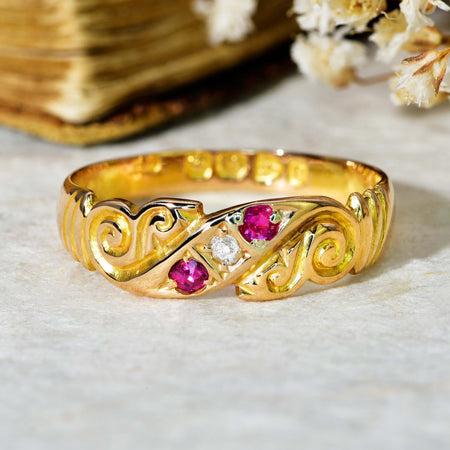 The Antique Victorian 1898 Ruby and Old Cut Diamond Scrolled Ring - Antique Jewellers