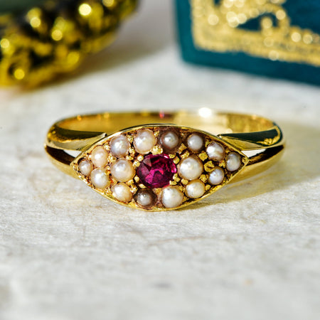 The Antique Victorian 1897 Seed Pearl and Ruby Ring - Antique Jewellers