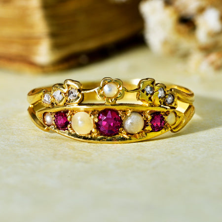 The Antique 1886 Pearl, Ruby and Diamond Tiara Ring - Antique Jewellers