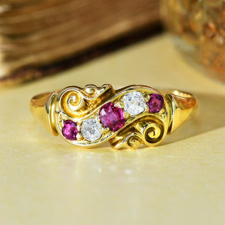 The Antique 1903 Old Cut Diamond and Ruby Scroll Ring - Antique Jewellers