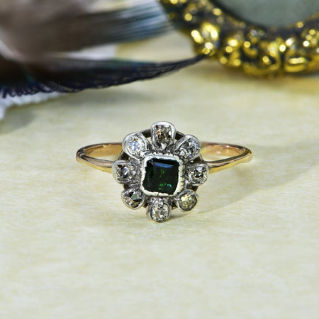 The Antique Georgian Diamond and Green Stone Floral Ring - Antique Jewellers
