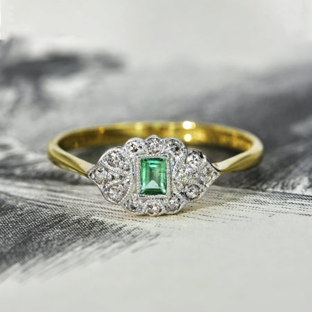 The Antique Art Deco Emerald and Diamond Fan Design Ring - Antique Jewellers