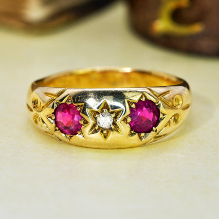 The Antique Victorian 1867 Old Cut Diamond and Imitation Ruby Celestial Ring - Antique Jewellers