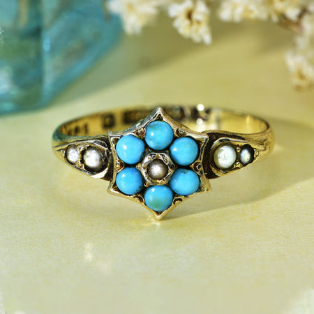 The Antique Art Deco Turquoise and Pearl Starburst Ring - Antique Jewellers