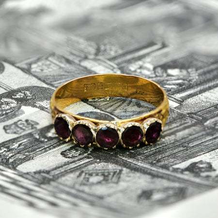 The Antique 1909 Edwardian Five Garnet Floral Banded Ring - Antique Jewellers