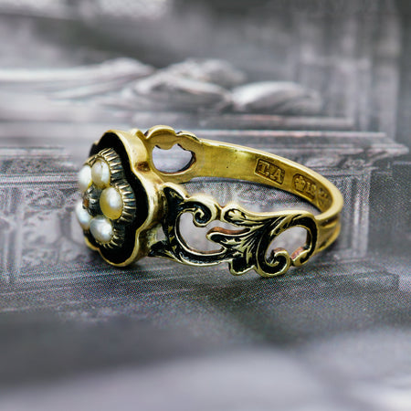The Antique Gothic Victorian 1897 Pearl Mourning Ring - Antique Jewellers