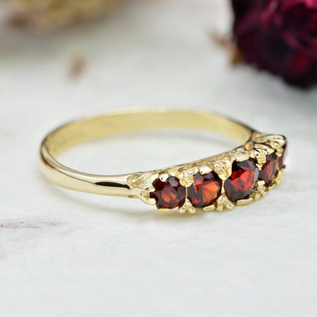 The Vintage 1978 Five Garnet Ornate Ring - Antique Jewellers