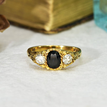 The Vintage 1977 Diamond and Sapphire Scroll Topped Ring - Antique Jewellers