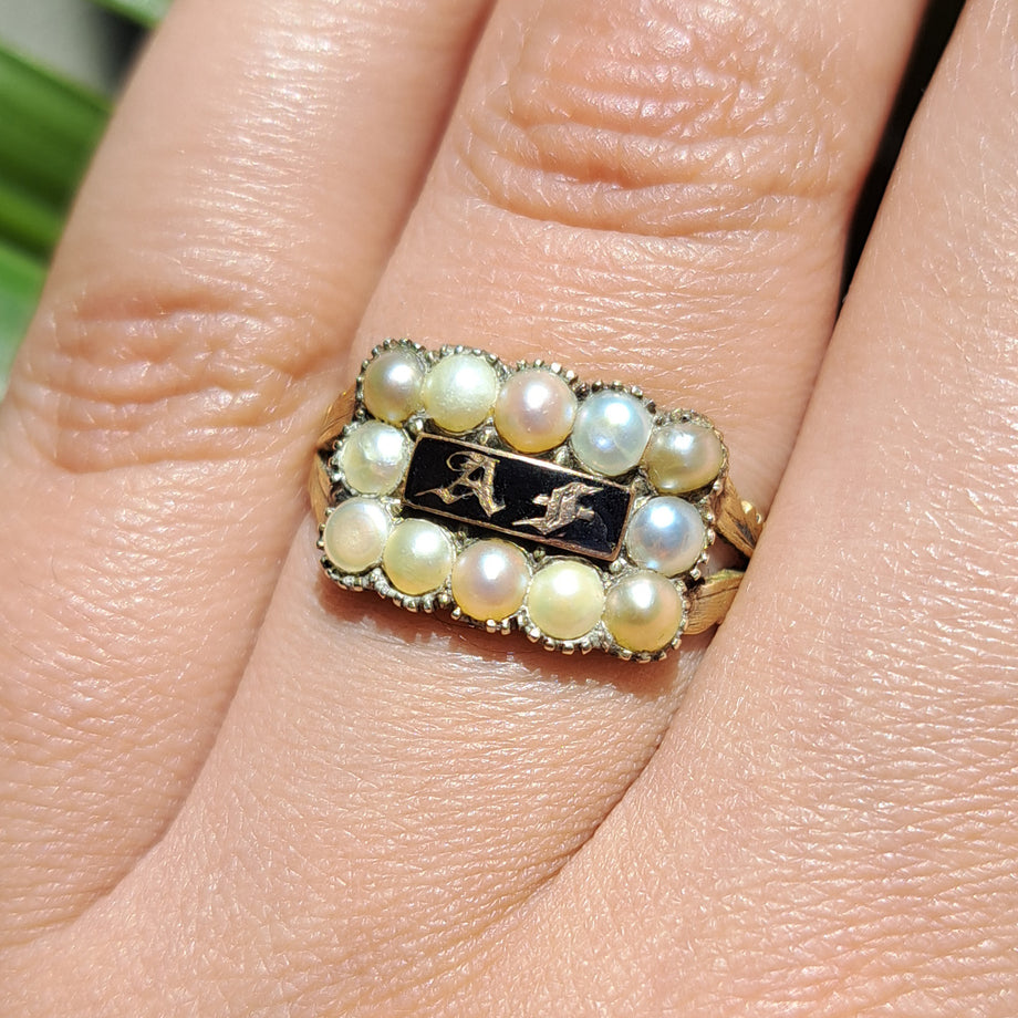 The Antique Victorian A.F Pearl Mourning Ring