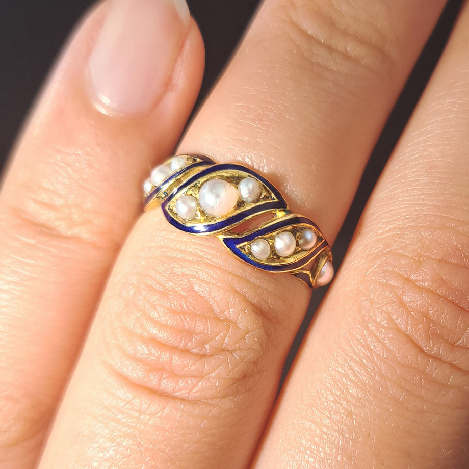 The Antique Victorian Pearl and Blue Enamel Flourish Ring