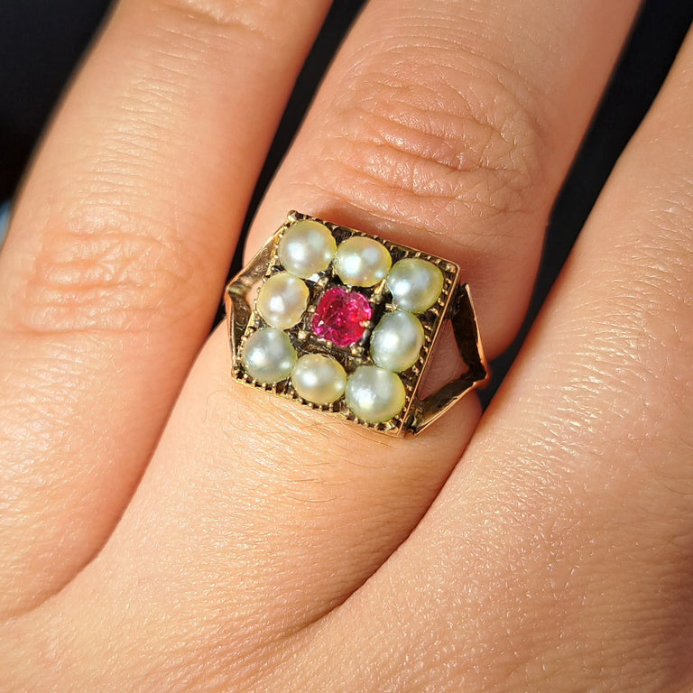 The Antique Victorian Pearl and Ruby Cluster Ring