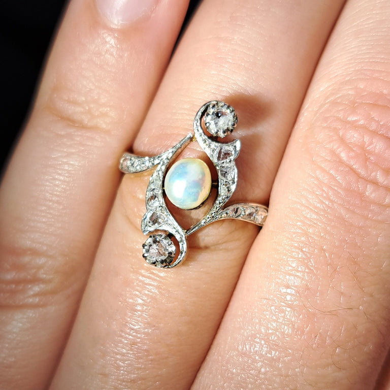 The Antique 1917 Baroque Pearl and Rose Cut Diamond Elaborate Ring