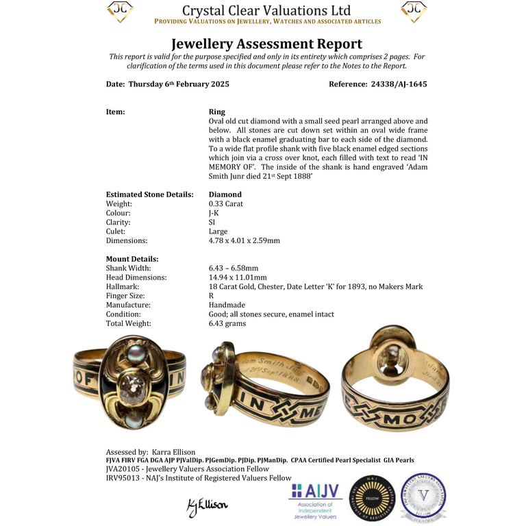 The Antique Victorian 1893 Diamond and Pearl Memorial Ring
