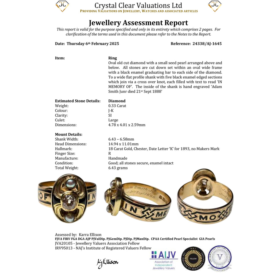 The Antique Victorian 1893 Diamond and Pearl Memorial Ring