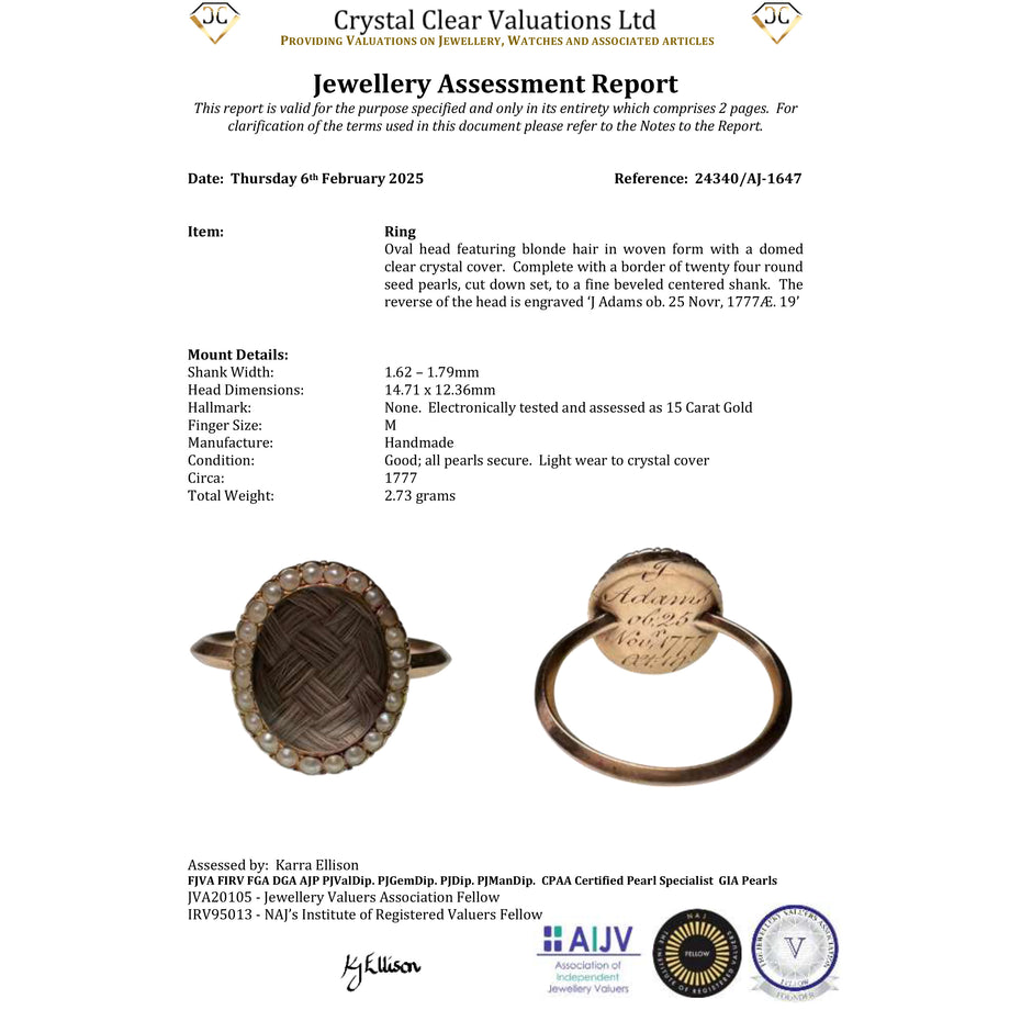 The Antique Georgian 1777 Pearl and Hairwork Mourning Ring